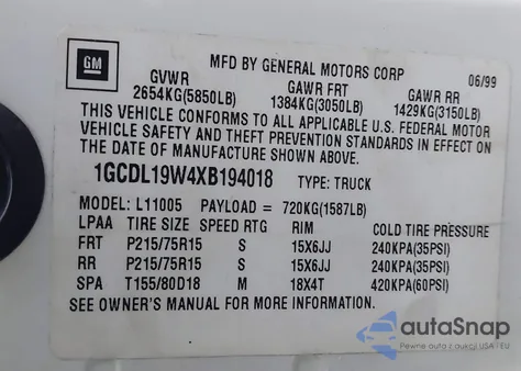 1999 Chevrolet Astro из США, поврежденный, VIN 1GCDL19W4XB194018